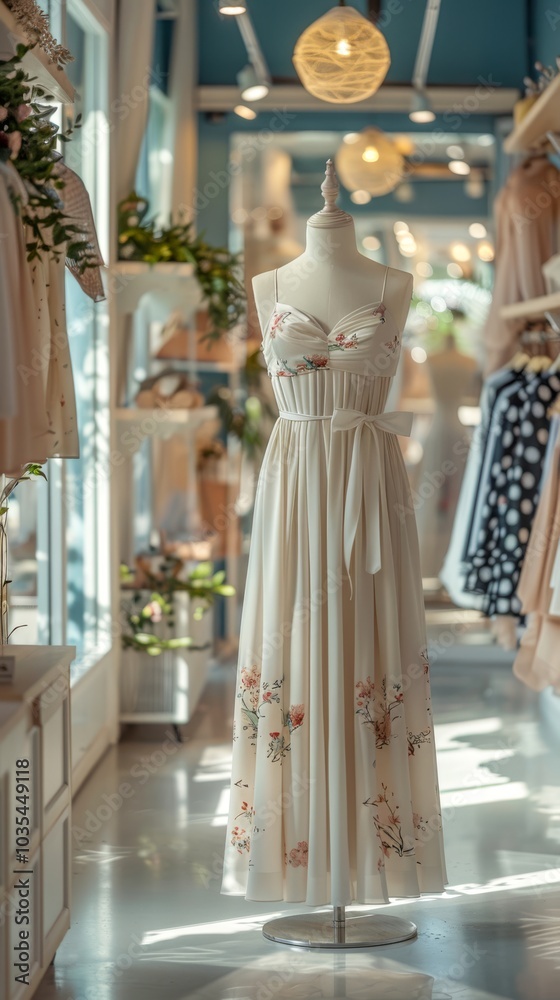 full view of elegant silky dress on a white mannequin in a clothing store, realistic, cinematic full view of elegant silky dress on a white mannequin in a clothing store, realistic, cinematic