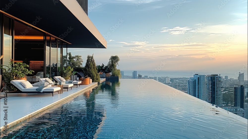 Fototapeta premium Luxury living on rooftop, swimming pool. Terrace with City View