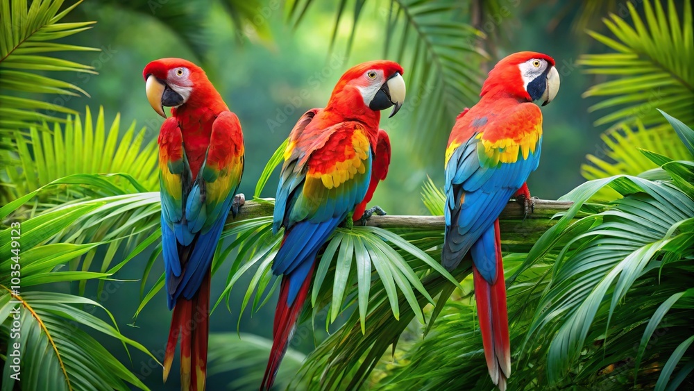 Fototapeta premium Lush tropical foliage with three macaws perched