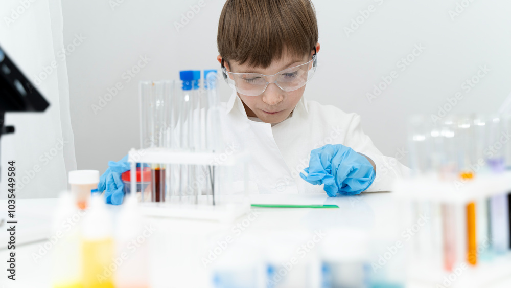 boy pupil or student in chemical laboratory boy pupil or student in chemical laboratory