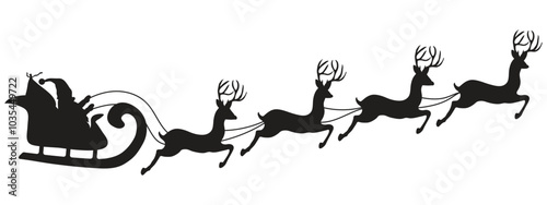 Santa Claus is flying in sleigh with Christmas reindeer. Shadow Christmas reindeer. Vector Neaw Year illustration isolated on white background. Santa Claus with reindeer.