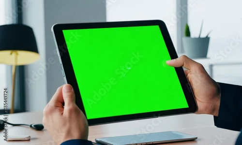 Anonymous Office Worker Holding Tablet with Green Screen Display for App and Website Promotion – Ideal for Mockups and Social Media Posts