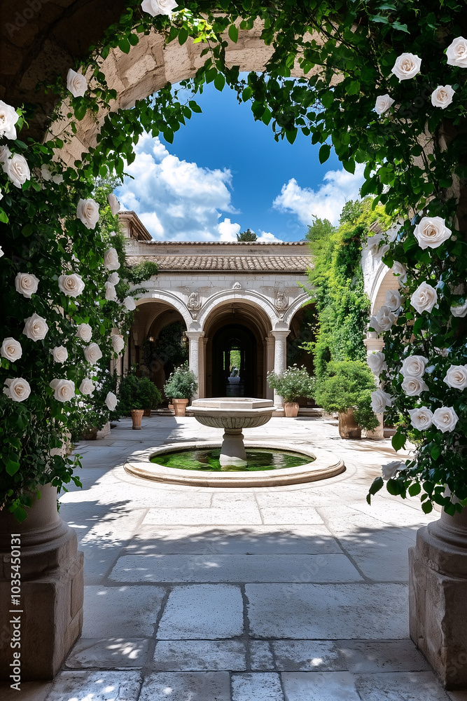 Fototapeta premium Fountain stands under bright arch, framed by white roses, vibrant sky above.