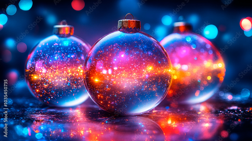 Three glowing Christmas tree balls Three glowing Christmas tree balls