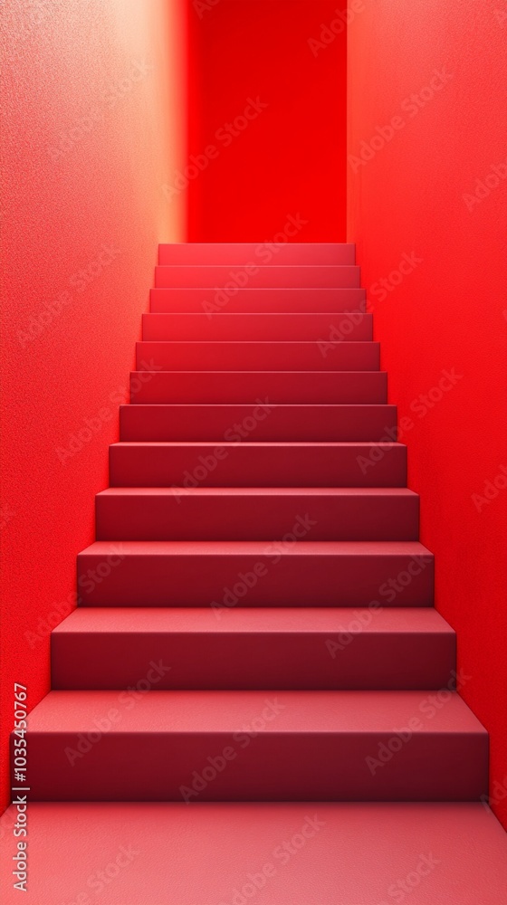 Vibrant red staircase ascending into a bright, monochromatic space, creating a bold and striking visual impact. The minimalist design emphasizes form and color.