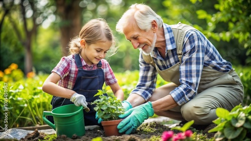 Grandparent with joyful mood gardening with child against lush garden background