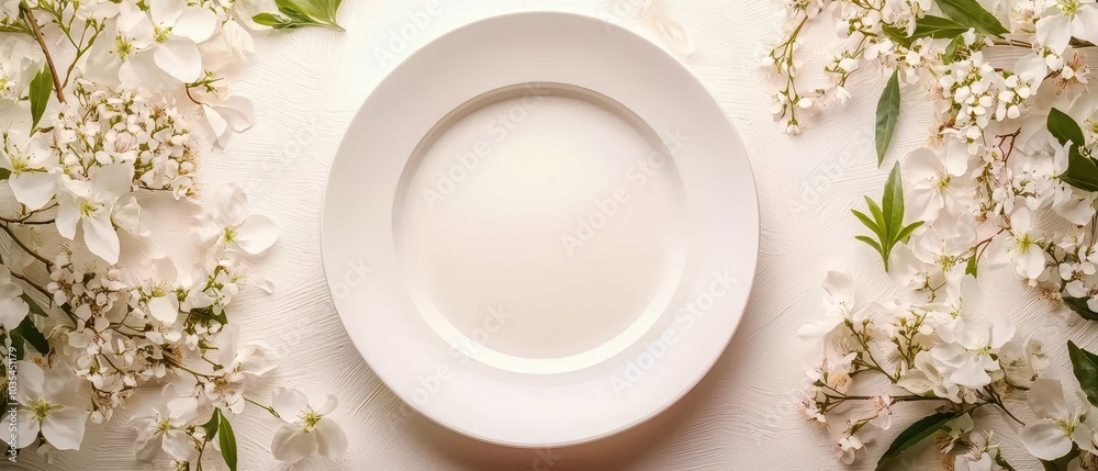 A pristine white plate surrounded by delicate white flowers on a neutral background, perfect for a dining setting or culinary presentation. A pristine white plate surrounded by delicate white flowers on a neutral background, perfect for a dining setting or culinary presentation.