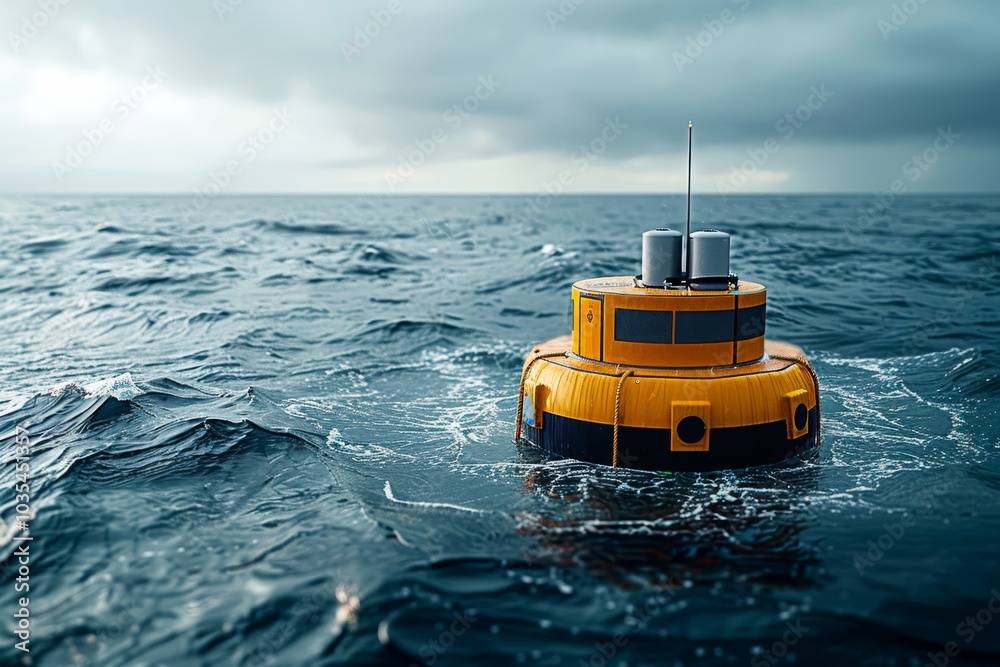 Obraz premium Image of a wave energy converter device floating in the ocean, generating power from waves 