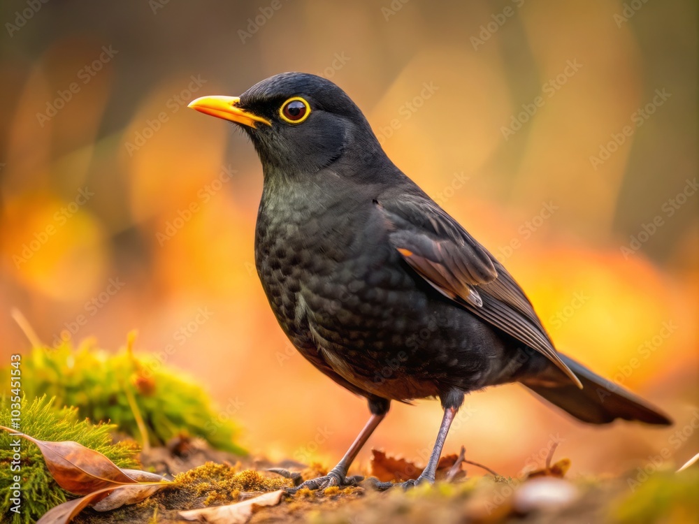 Striking macro photography captures a Eurasian Blackbird male against its picturesque environment, showcasing distinct plumage and character while exploring the earthy terrain. Striking macro photography captures a Eurasian Blackbird male against its picturesque environment, showcasing distinct plumage and character while exploring the earthy terrain.
