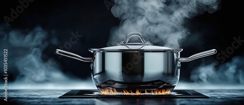 A sleek, stainless steel cooking pot emits steam as it cooks on a modern stove. The scene highlights culinary inspiration and the art of cooking. photo