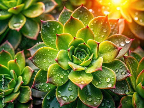 Lush Green Leaves with Raindrops - Fresh Spring Succulents in High Depth of Field