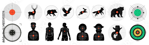 Gun shooting targets and aiming target silhouettes set