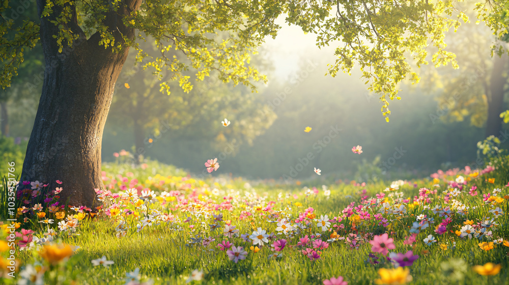 Obraz premium A colorful spring meadow filled with various wildflowers and blooming trees, celebrating the beauty of nature.