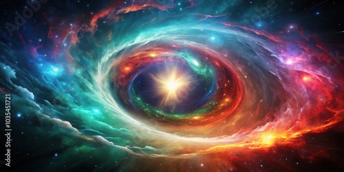 A Cosmic Vortex Unfolding, Revealing a Radiant Star at the Center of a Multicolored Nebula