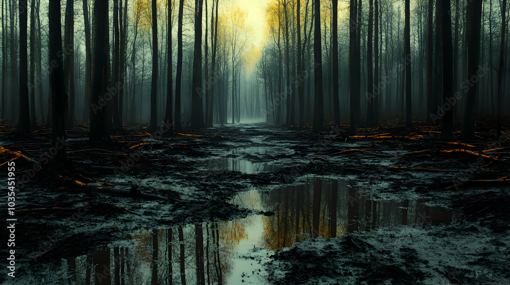 Naklejka premium A Forest Scene Featuring Dead Trees and Polluted Soil, Highlighting Environmental Degradation and Ecological Impact