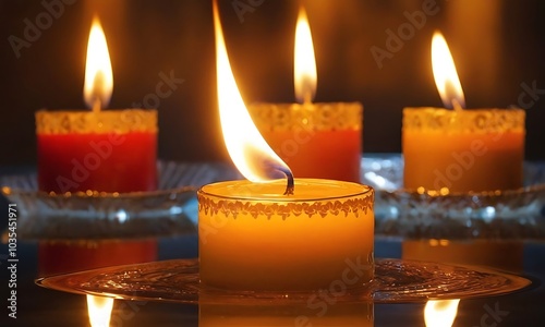 Burning candles in water for Diwali holiday Generative Ai
 photo