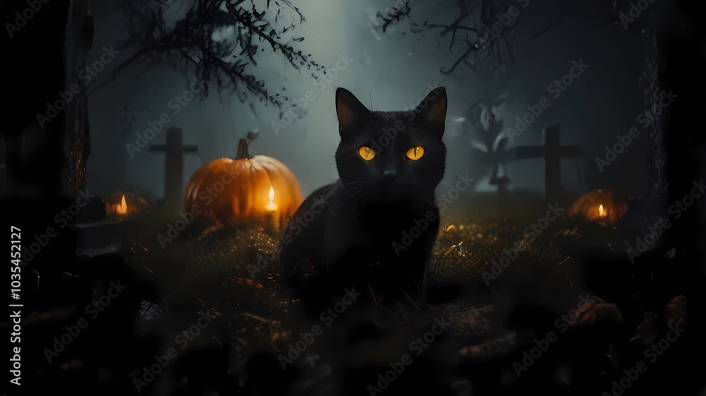 A black cat sits in hay next to a pumpkin patch.