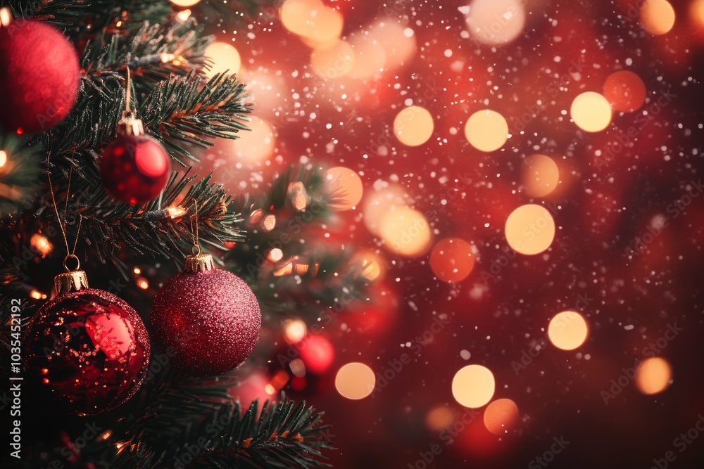 Christmas Tree with Glittering Red Baubles and Festive Lights