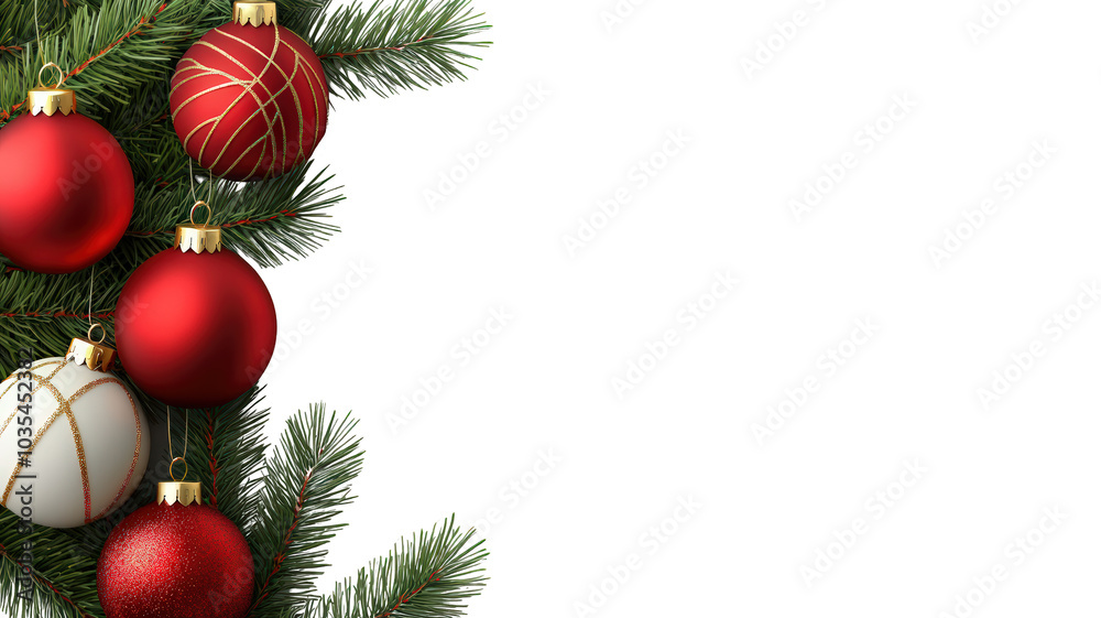 Festive Christmas ornaments in red and white hang among evergreen branches, creating joyful holiday atmosphere Festive Christmas ornaments in red and white hang among evergreen branches, creating joyful holiday atmosphere