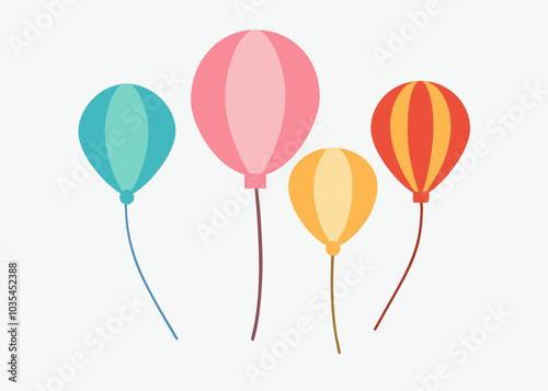 Four colorful balloons with long strings. The balloons are in different colors and sizes, and they are all floating in the air. Concept of joy and celebration