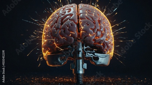 A dynamic view of a brain inside a skull emitting electrical sparks, illustrating a fusion of biology and technology.