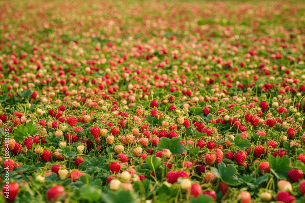 Wild Strawberries. Ripe Red Berries on Large Meadow Plantation in Summer Wild Strawberries. Ripe Red Berries on Large Meadow Plantation in Summer