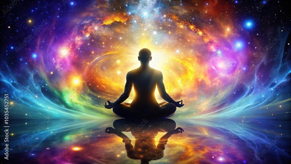A solitary figure meditates in a cosmic landscape, surrounded by swirling nebulae, stars, and a vibrant celestial tapestry. A solitary figure meditates in a cosmic landscape, surrounded by swirling nebulae, stars, and a vibrant celestial tapestry.