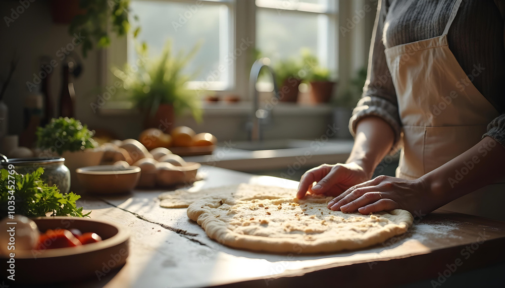Baking dough in cozy kitchen, person prepares delicious meal with fresh ingredients. warm atmosphere and natural light create welcoming environment for cooking Baking dough in cozy kitchen, person prepares delicious meal with fresh ingredients. warm atmosphere and natural light create welcoming environment for cooking