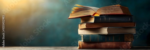 Stacked religious texts books on a wooden bookshelf with soft warm lighting creating a serene contemplative atmosphere for study reflection or display