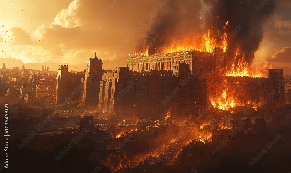 Naklejka premium Tisha BAv. The destruction of the Temple of Jerusalem. The holy city of Jerusalem succumbs to fire and chaos as the Temple is razed. Digital, Generative AI