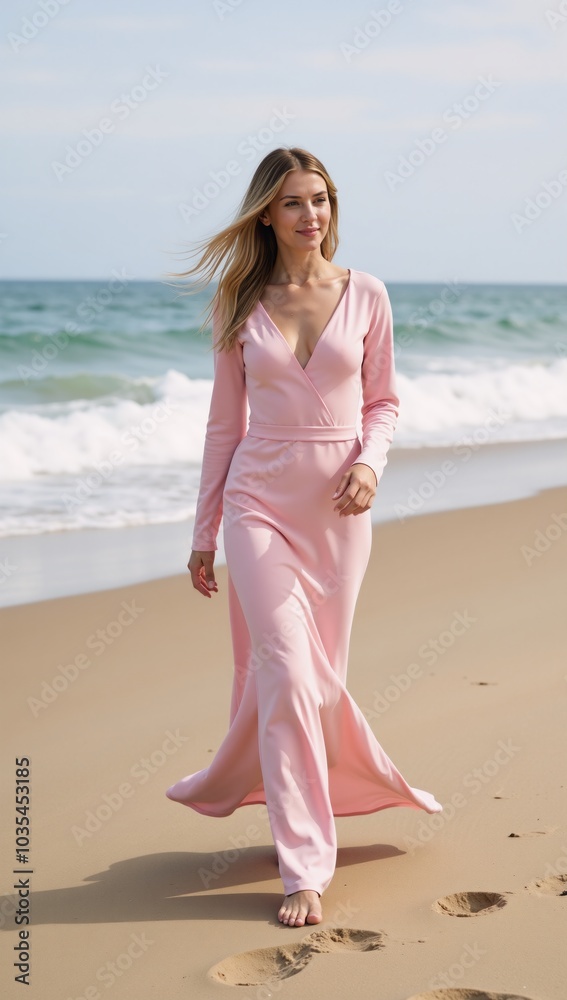 A woman walks along the beach dress billowing in a long-sleeved pink gown A woman walks along the beach dress billowing in a long-sleeved pink gown