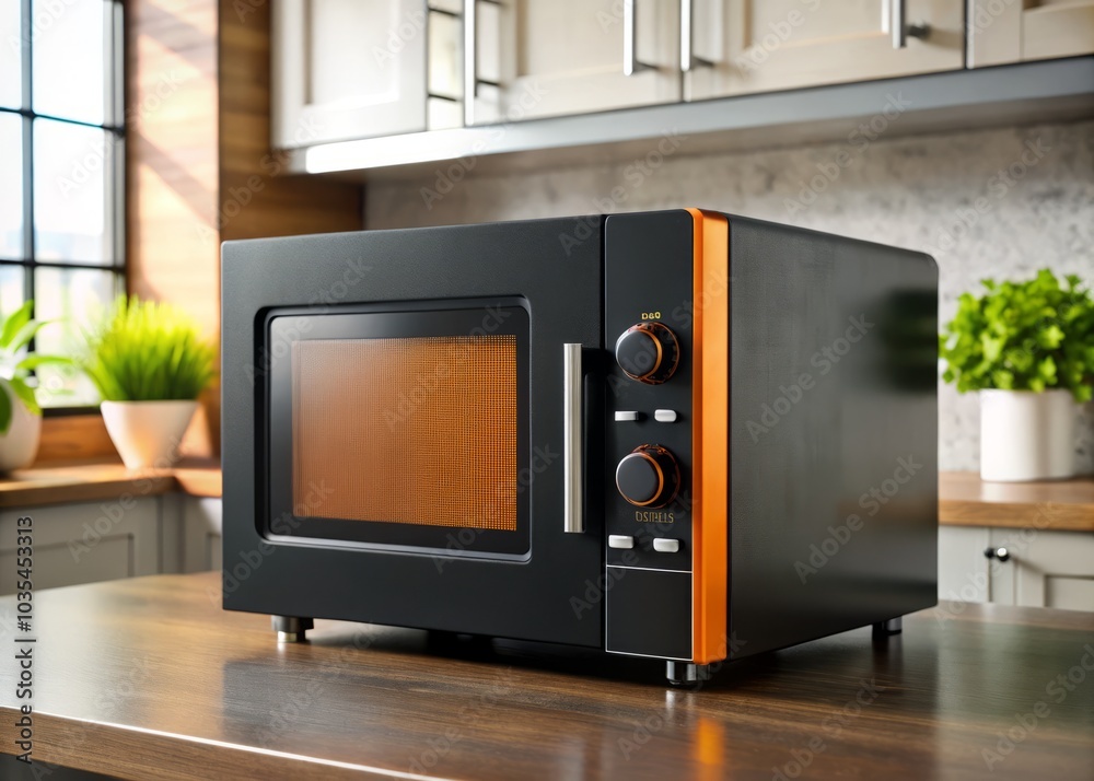 Stylish black microwave highlighted with orange accents, ideal for today's kitchens. Combines efficient cooking capabilities with convenient features, elevating your modern home decor. Stylish black microwave highlighted with orange accents, ideal for today's kitchens. Combines efficient cooking capabilities with convenient features, elevating your modern home decor.