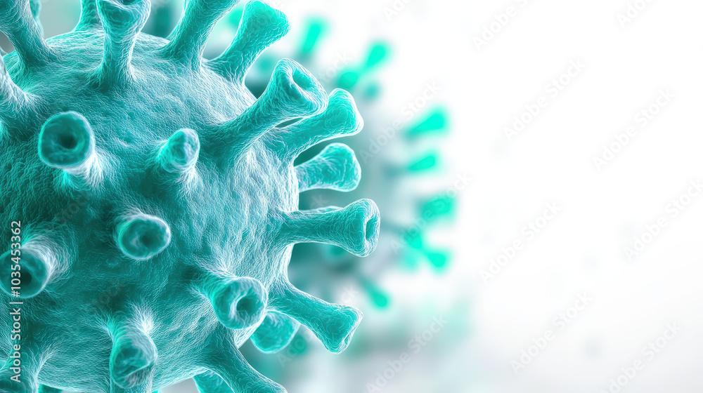 Fototapeta premium image features detailed representation of turquoise coronavirus, showcasing its intricate structure and spikes. This visual emphasizes scientific aspects of virology and health awareness