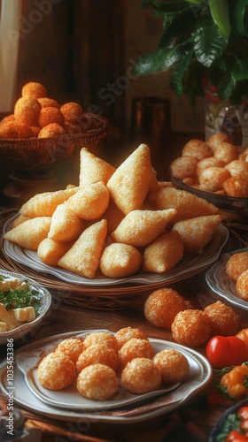 Delectable array of golden-fried Brazilian snacks featuring coxinha, bolinha de queijo, and pastéis on rustic plates, surrounded by vibrant fruits and lush greenery. photo