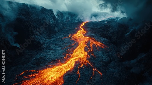 An aerial view of a flowing lava river, showcasing the dynamic movement and vibrant colors of molten rock amidst a dramatic volcanic landscape.