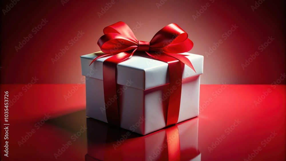 A single white gift box with a large red bow sits on a bright red surface, reflecting its shape and the celebratory red ribbon. A single white gift box with a large red bow sits on a bright red surface, reflecting its shape and the celebratory red ribbon.
