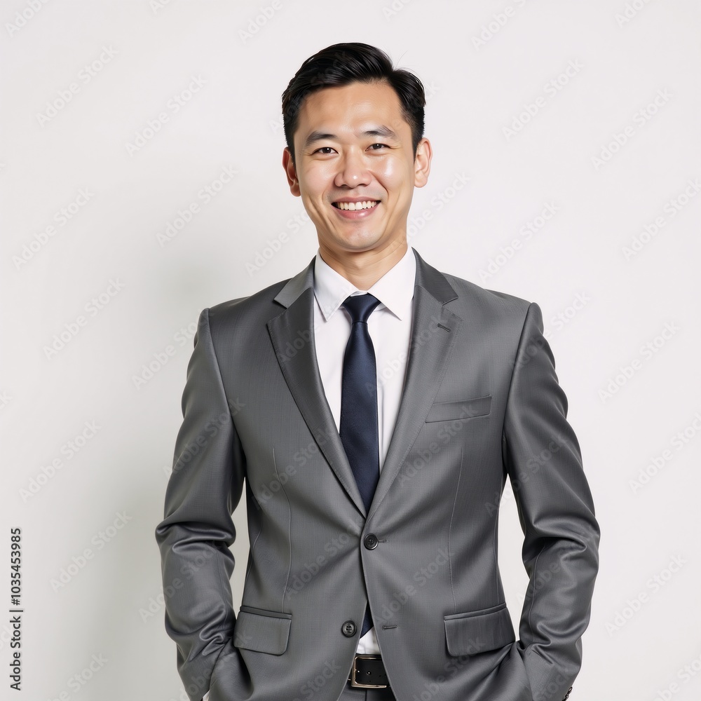 Studio portrait showcases an attractive Asian businessman wearing a gray suit and exuding confidence and friendliness against a clean white backdrop Studio portrait showcases an attractive Asian businessman wearing a gray suit and exuding confidence and friendliness against a clean white backdrop