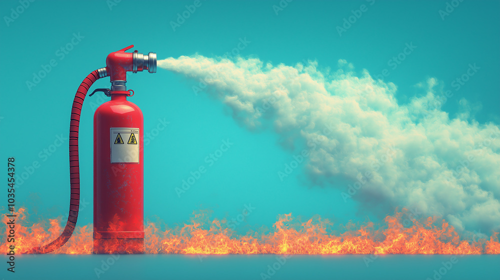 Illustration, minimalist style, fire extinguisher open, smoke coming out of the hose to put out the fire, fire extinguisher on the wall Illustration, minimalist style, fire extinguisher open, smoke coming out of the hose to put out the fire, fire extinguisher on the wall