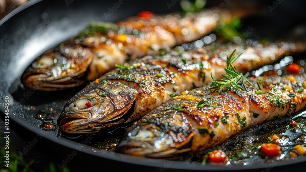 Delicious grilled fish garnished with herbs and spices, served on a black pan. A culinary delight perfect for gourmet dining or home cooking. Delicious grilled fish garnished with herbs and spices, served on a black pan. A culinary delight perfect for gourmet dining or home cooking.