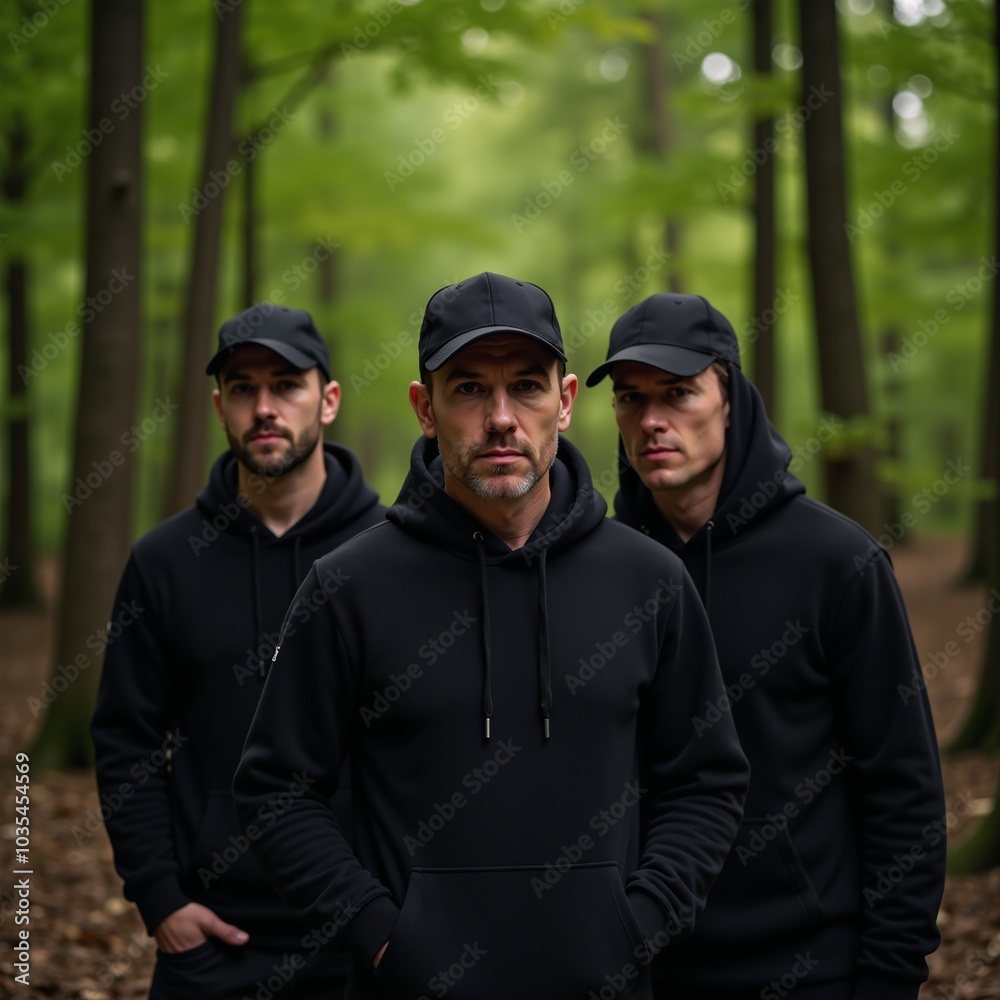 Three cloaked figures stand within a forest Three cloaked figures stand within a forest