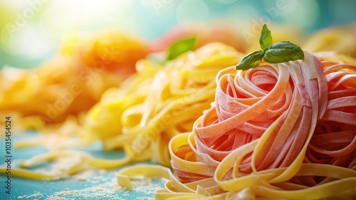 Close-up of vibrant and appetizing pasta nests, showcasing a variety of colors. Perfect for culinary themes and Italian cuisine. Bright background enhances presentation. photo