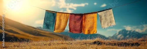 Vibrant and colorful prayer flags fluttering gracefully in the wind against a serene and picturesque blue sky creating a tranquil and spiritual atmosphere