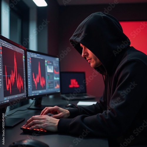 An intriguing hooded figure engrossed in cybersecurity data analysis amidst dynamic red digital visuals