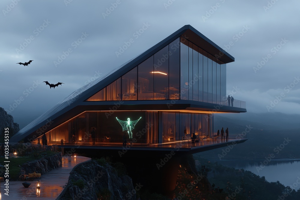Fototapeta premium A sleek modern home perched on a cliffside with expansive glass windows and warm light, enveloped by a mysterious misty landscape and flying creatures.