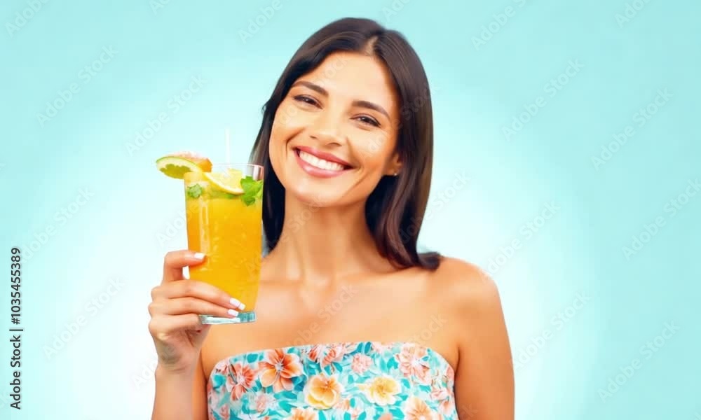 Smiling Woman Enjoying a Refreshing Tropical Cocktail with Orange and Lime in a Bright Summer Setting, Pastel Blue Background Smiling Woman Enjoying a Refreshing Tropical Cocktail with Orange and Lime in a Bright Summer Setting, Pastel Blue Background