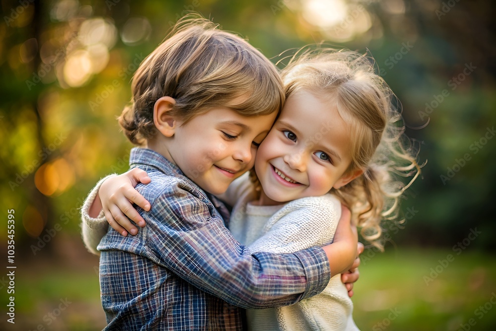 Fototapeta premium Siblings with affectionate mood hugging each other against blurred nature background