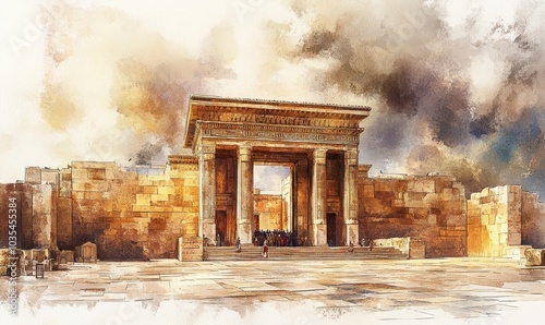 Rebuilding the Temple of Jerusalem, Ezra 1-6 & Haggai 1-2. Digital watercolor illustration, Generative AI