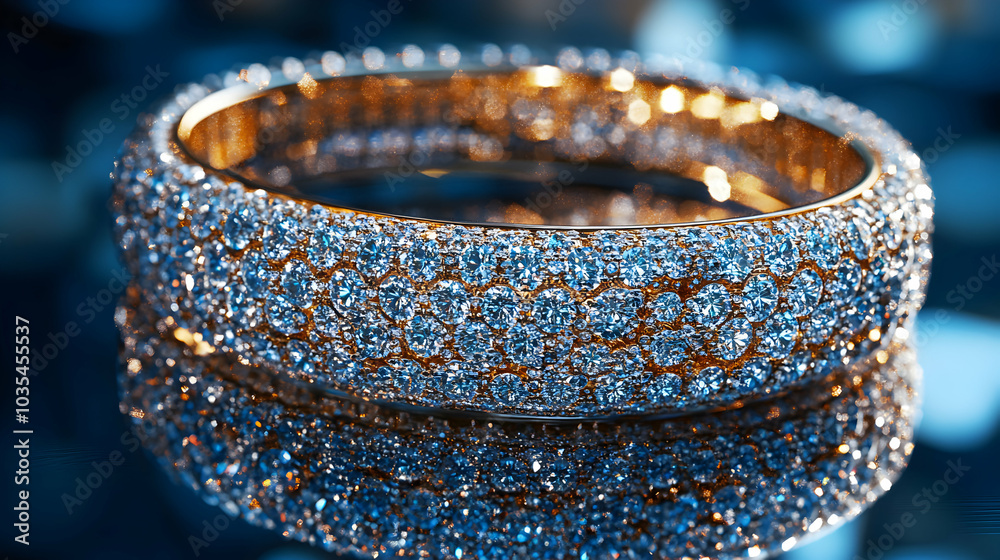 Close-Up of a Luxurious Diamond-Studded Bangle on a Reflective Surface Close-Up of a Luxurious Diamond-Studded Bangle on a Reflective Surface