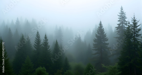 Misty Pine Forest in Dense Fog – Serene Landscape of Tranquility, Nature Calm, and Atmospheric Wilderness