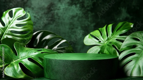 Lush monstera leaves frame a sleek green product display podium, creating a tropical, minimalist backdrop for eco-friendly or nature-inspired merchandise. photo